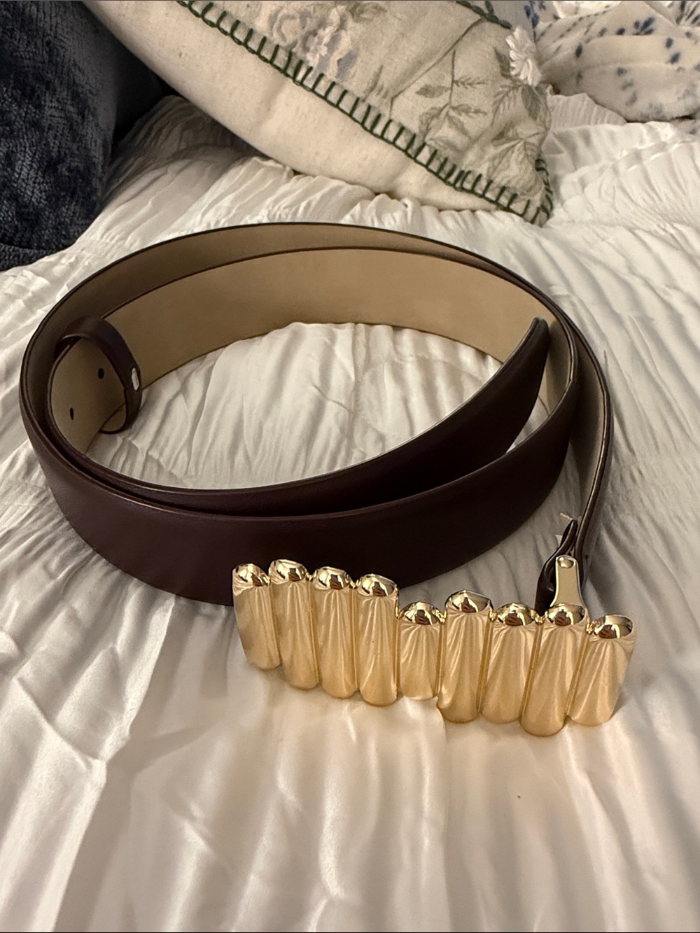 Rachel Zoe Dark Brown Leather Belt with Gold Sculpted Bracelet-Style Buckle